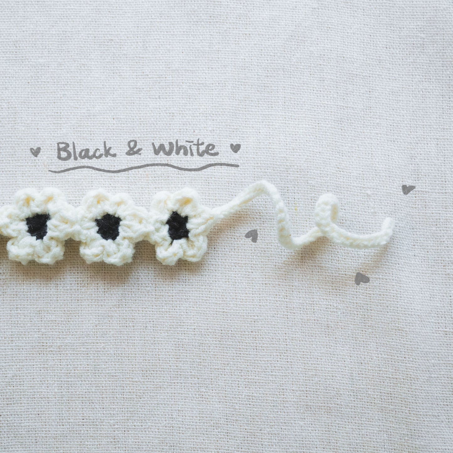 手工鈎織小花花髮帶-乳白黑