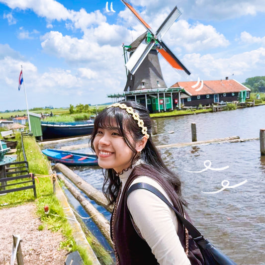 手工鈎織小花花髮帶上身圖