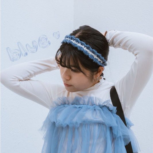 手工鈎織暖暖毛毛髮帶-長綁帶-上身圖-海鹽